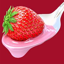 Ilustração publicitária realista de morango com calda, iogurte numa colher.